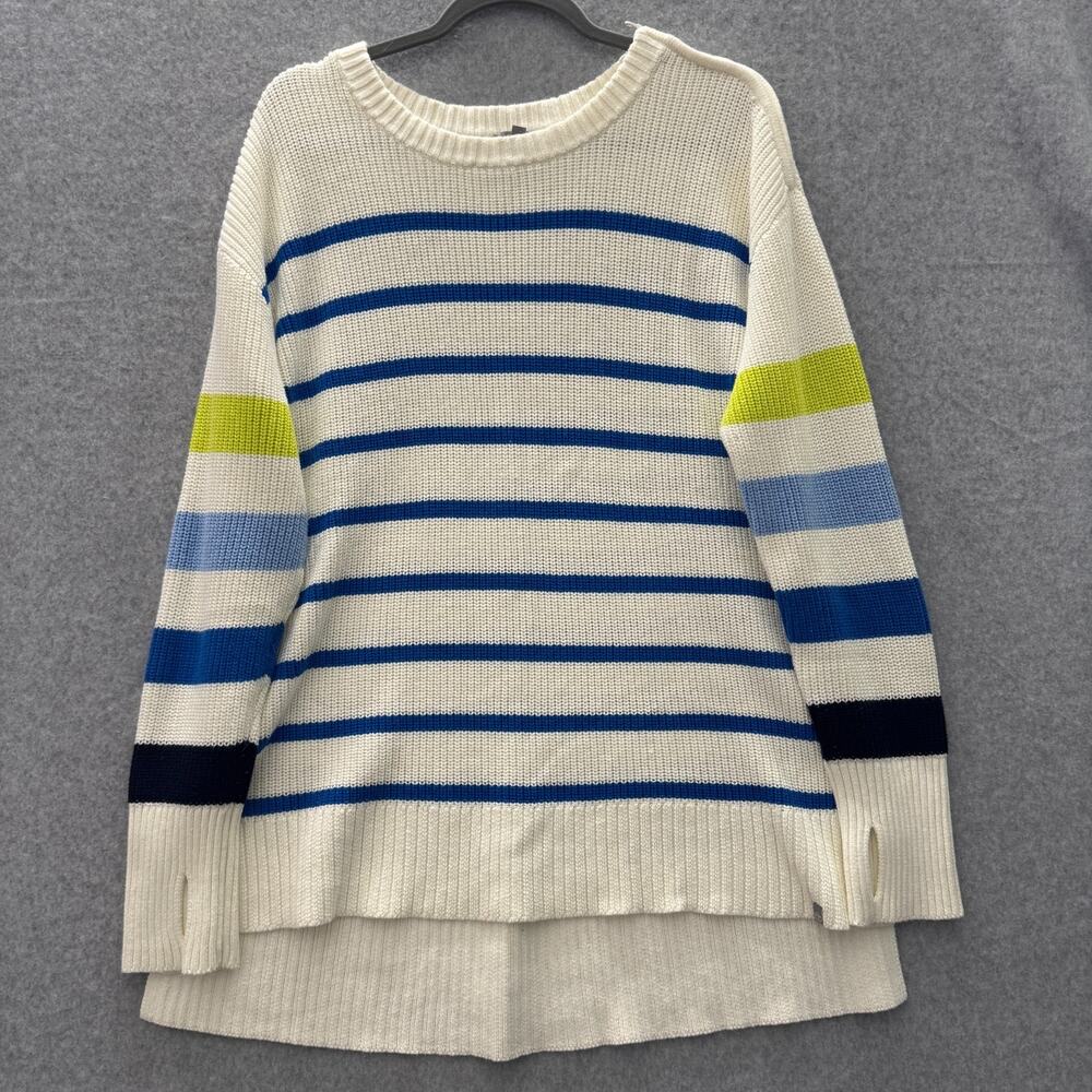 Talbots Multistripe Crew Neck Sweater Sz XL Cream High Low Hem Cotton Nautical